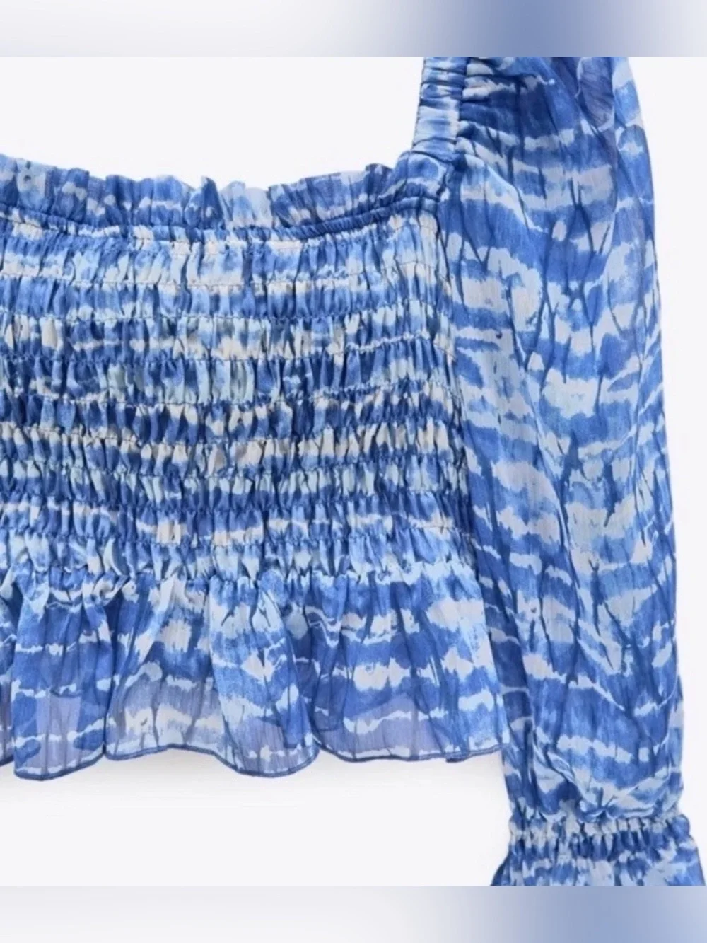 Zara Blue Tie-Dye Cropped Off The Shoulder Shirred Peplum Top w Puff Sleeves-Sm